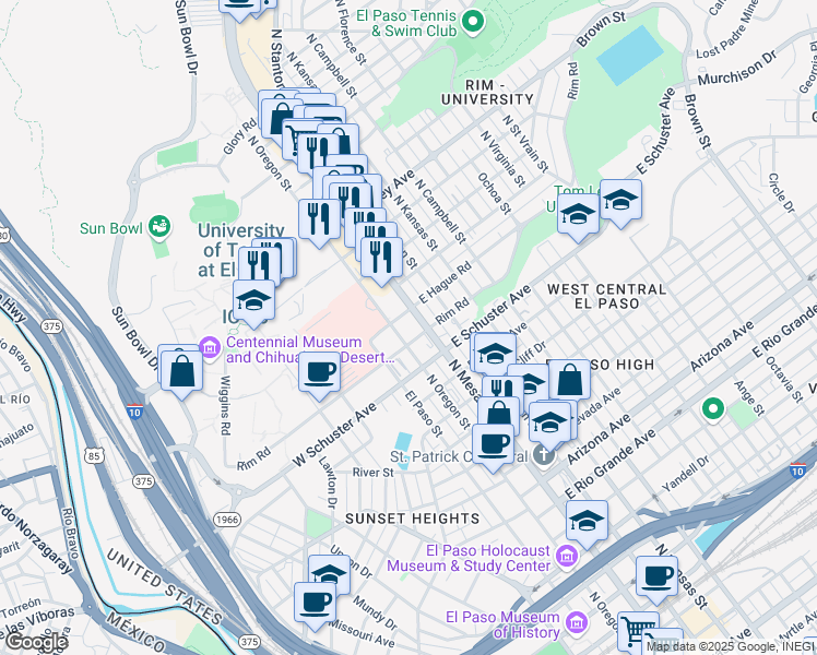 map of restaurants, bars, coffee shops, grocery stores, and more near 101 Rim Road in El Paso
