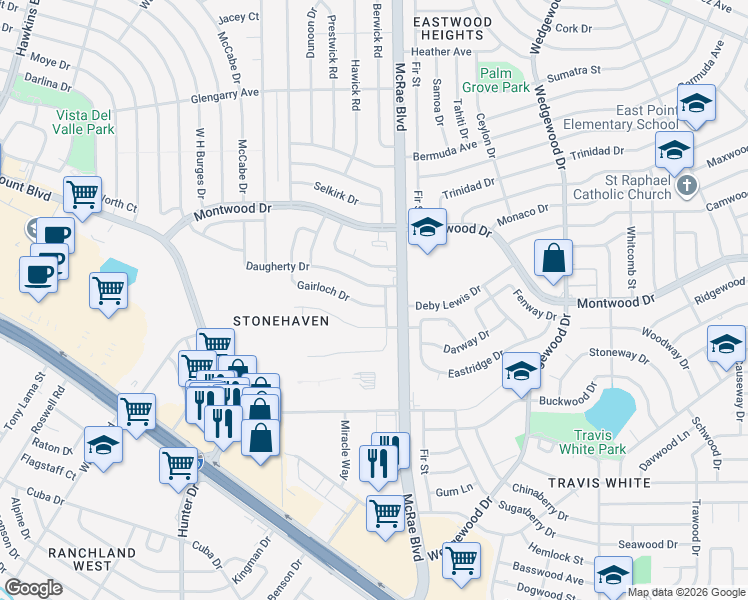 map of restaurants, bars, coffee shops, grocery stores, and more near 9636 Gairloch Drive in El Paso