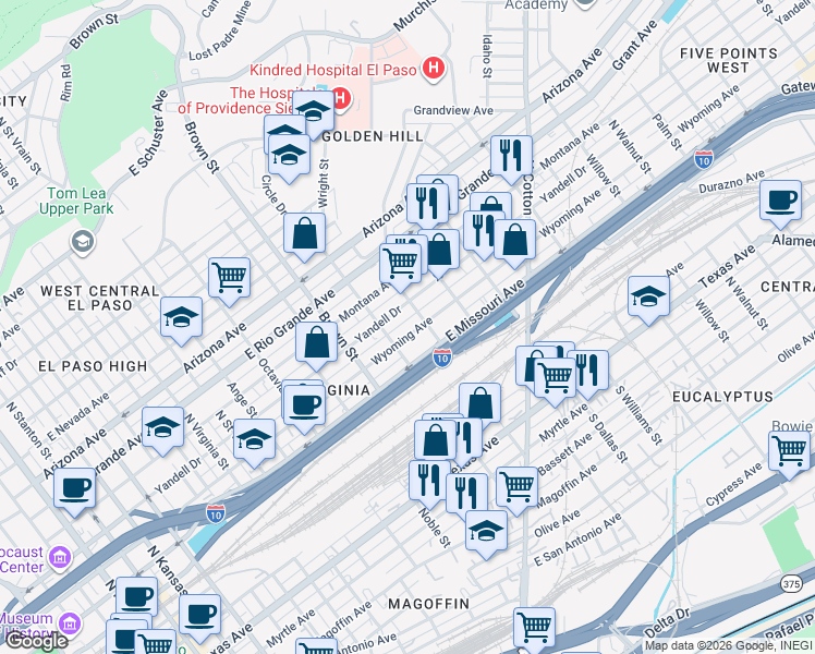 map of restaurants, bars, coffee shops, grocery stores, and more near 1421 East Missouri Avenue in El Paso