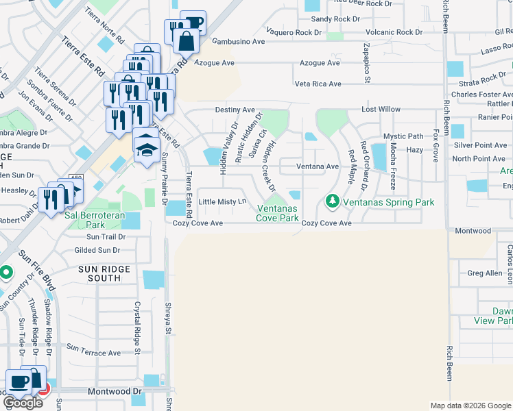 map of restaurants, bars, coffee shops, grocery stores, and more near 3186 Blue Dirt Circle in El Paso