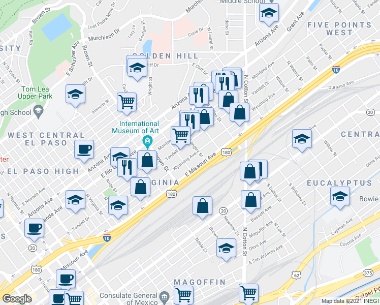 map of restaurants, bars, coffee shops, grocery stores, and more near 1421 East Missouri Avenue in El Paso