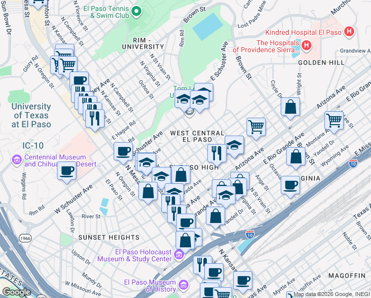 map of restaurants, bars, coffee shops, grocery stores, and more near 610 East River Avenue in El Paso