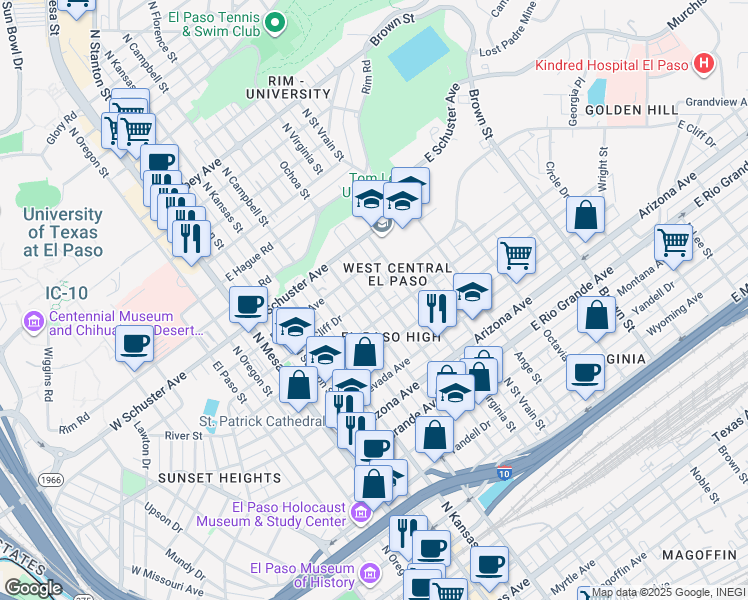 map of restaurants, bars, coffee shops, grocery stores, and more near 610 East River Avenue in El Paso