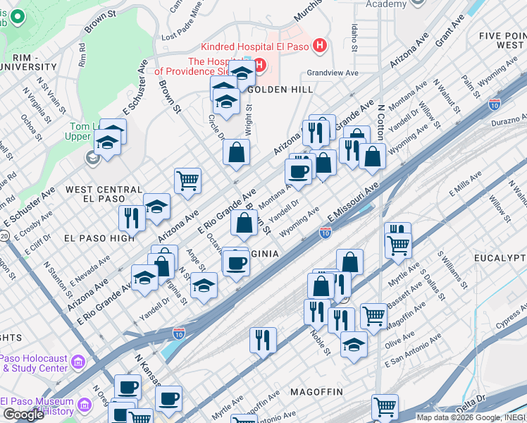 map of restaurants, bars, coffee shops, grocery stores, and more near 1308 Montana Avenue in El Paso