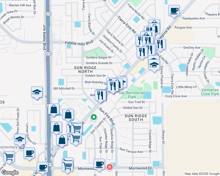 map of restaurants, bars, coffee shops, grocery stores, and more near 2114 North Zaragoza Road in El Paso