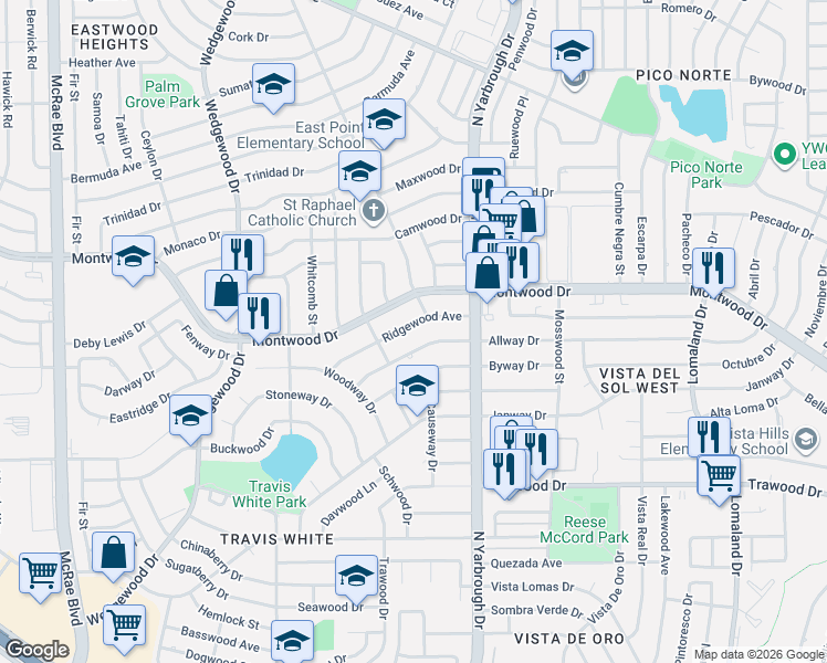 map of restaurants, bars, coffee shops, grocery stores, and more near 10225 Allway Drive in El Paso