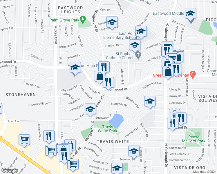 map of restaurants, bars, coffee shops, grocery stores, and more near 2066 Wedgewood Drive in El Paso
