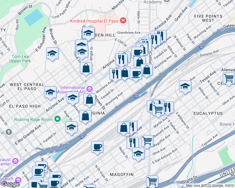 map of restaurants, bars, coffee shops, grocery stores, and more near 1421 East Missouri Avenue in El Paso