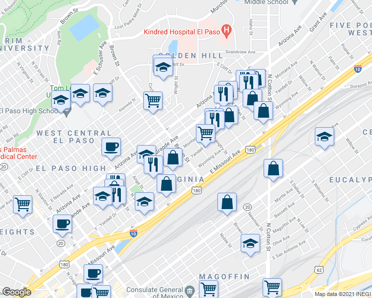 map of restaurants, bars, coffee shops, grocery stores, and more near 1300 Yandell Drive in El Paso