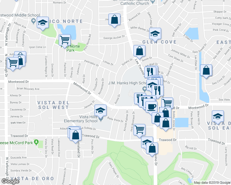 map of restaurants, bars, coffee shops, grocery stores, and more near 2032 Solano Drive in El Paso
