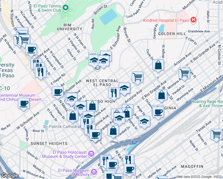 map of restaurants, bars, coffee shops, grocery stores, and more near 1301 North Virginia Street in El Paso