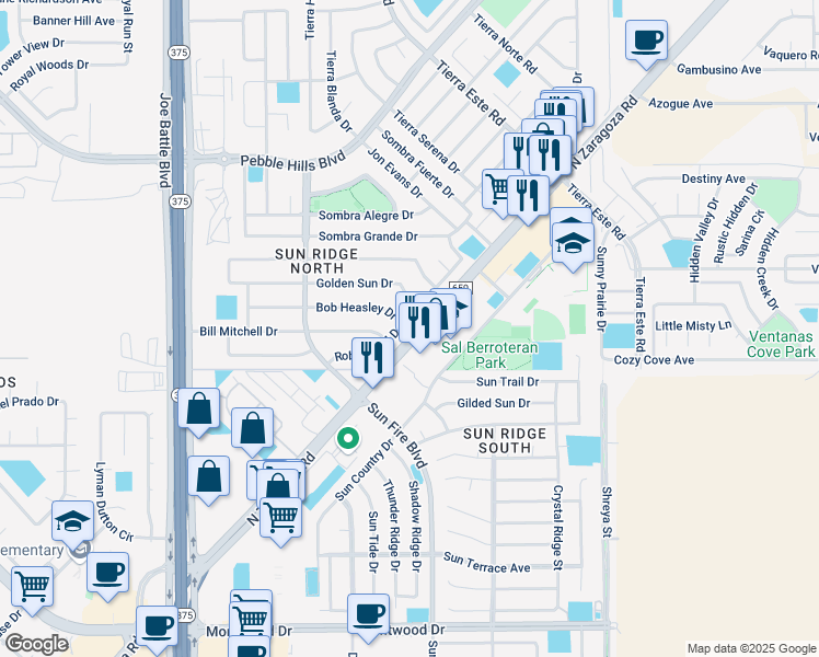 map of restaurants, bars, coffee shops, grocery stores, and more near 2114 North Zaragoza Road in El Paso