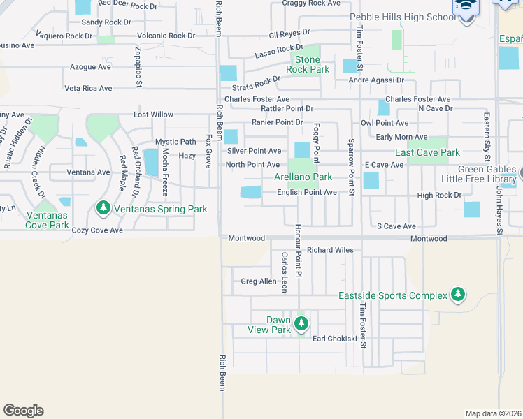 map of restaurants, bars, coffee shops, grocery stores, and more near 14216 Fabled Point Avenue in El Paso