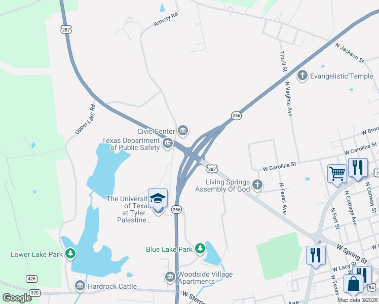 map of restaurants, bars, coffee shops, grocery stores, and more near West Spring Street in Palestine