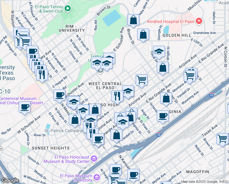 map of restaurants, bars, coffee shops, grocery stores, and more near 1313 North Saint Vrain Street in El Paso