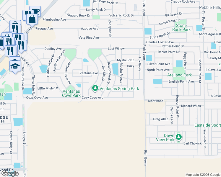 map of restaurants, bars, coffee shops, grocery stores, and more near 3131 Red Orchard Drive in El Paso