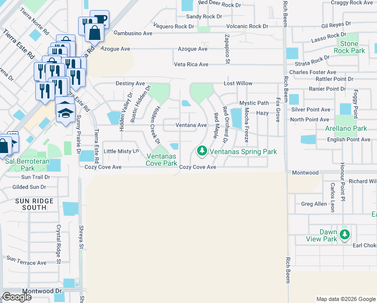 map of restaurants, bars, coffee shops, grocery stores, and more near 13012 Pleasant Manor Court in El Paso