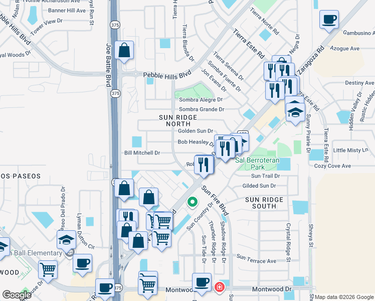 map of restaurants, bars, coffee shops, grocery stores, and more near 12341 Bob Heasley Drive in El Paso