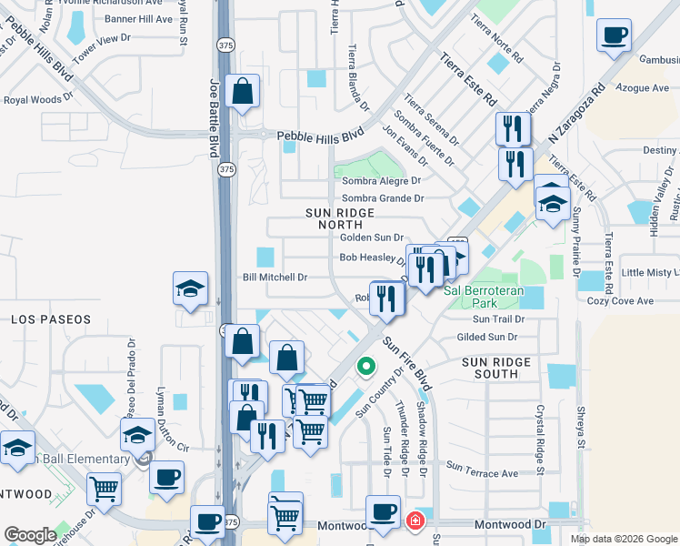 map of restaurants, bars, coffee shops, grocery stores, and more near 12285 Bob Heasley Drive in El Paso