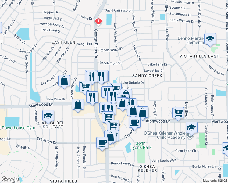 map of restaurants, bars, coffee shops, grocery stores, and more near 11331 Lake Erie Drive in El Paso