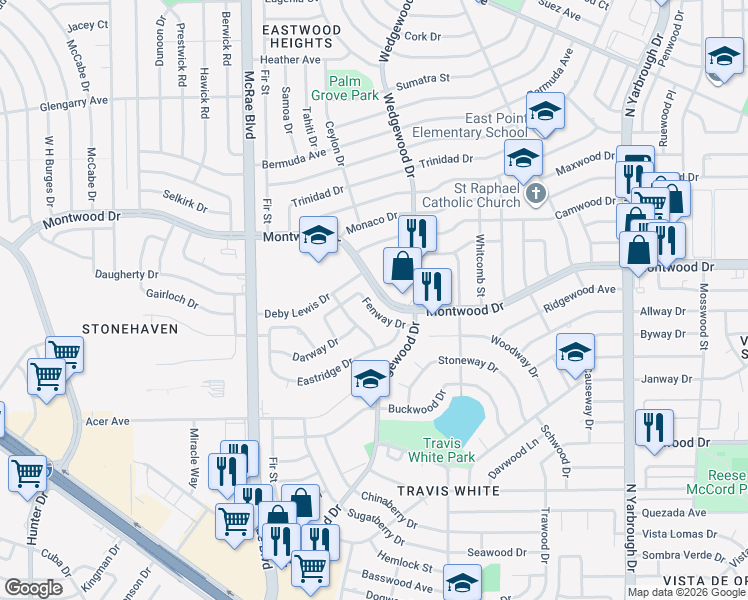 map of restaurants, bars, coffee shops, grocery stores, and more near 10035 Montwood Drive in El Paso