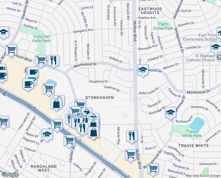 map of restaurants, bars, coffee shops, grocery stores, and more near 9616 Daugherty Drive in El Paso