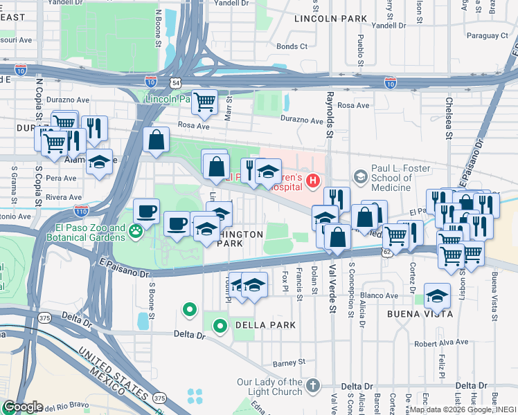 map of restaurants, bars, coffee shops, grocery stores, and more near 4606 Alameda Avenue in El Paso