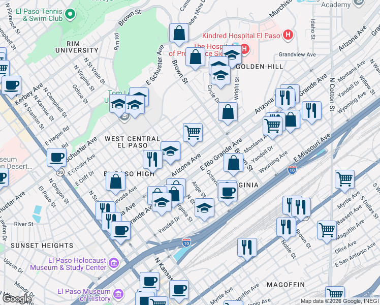 map of restaurants, bars, coffee shops, grocery stores, and more near 1110 East Nevada Avenue in El Paso