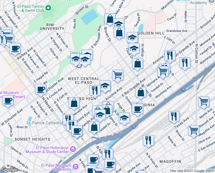 map of restaurants, bars, coffee shops, grocery stores, and more near 1026 East California Avenue in El Paso