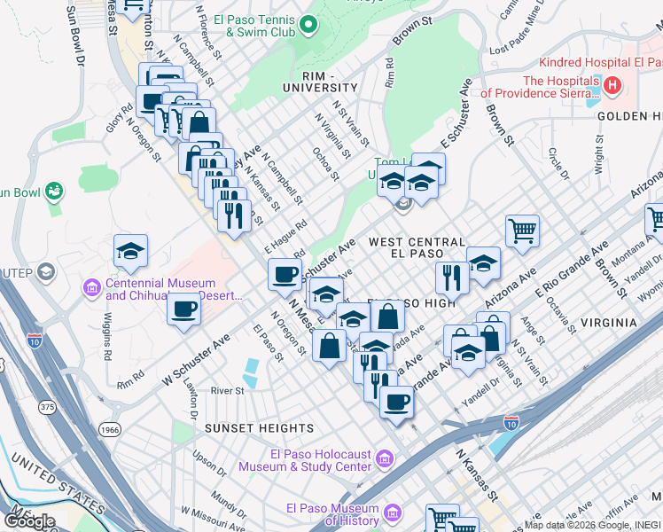 map of restaurants, bars, coffee shops, grocery stores, and more near 615 East Schuster Avenue in El Paso