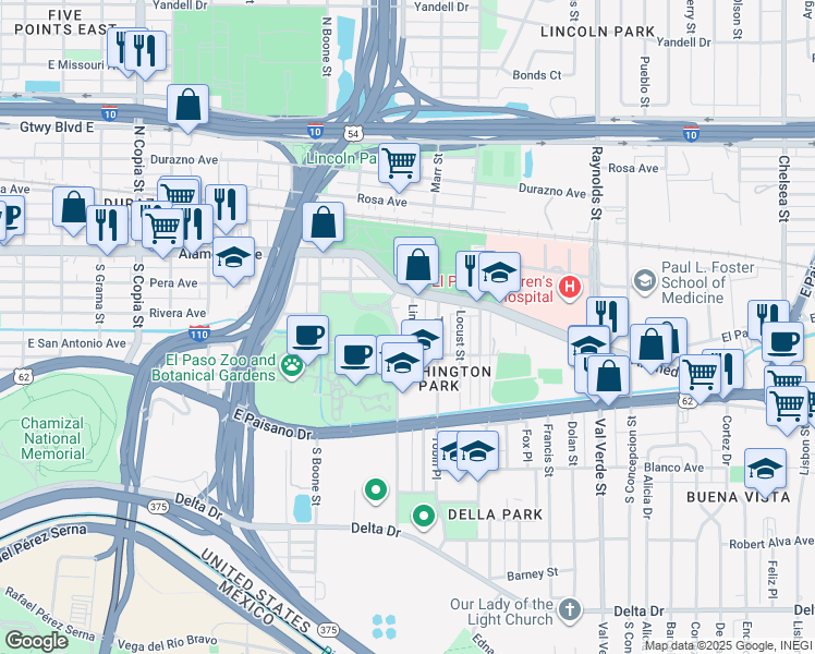 map of restaurants, bars, coffee shops, grocery stores, and more near 104 Linden Street in El Paso