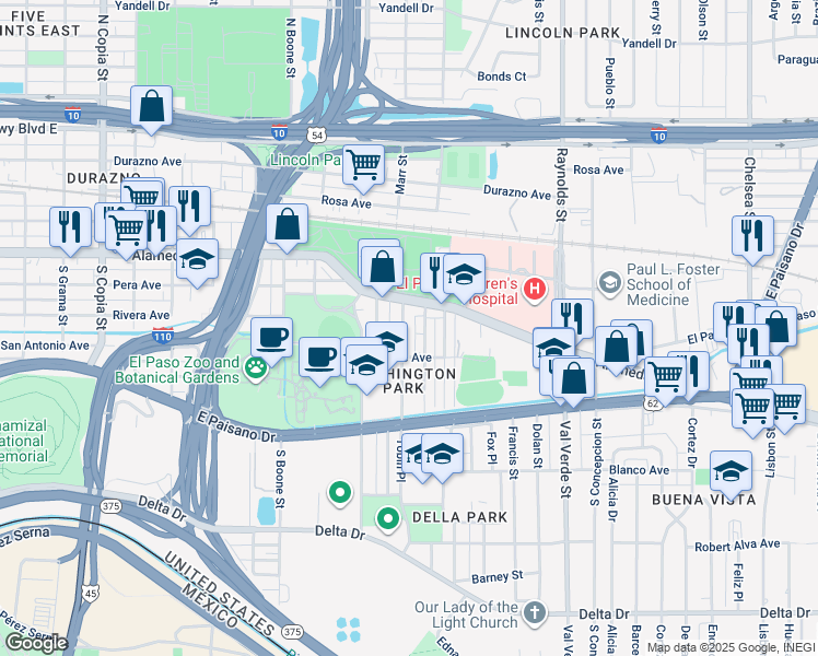 map of restaurants, bars, coffee shops, grocery stores, and more near 4412 Alameda Avenue in El Paso
