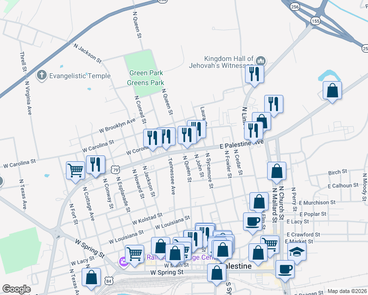 map of restaurants, bars, coffee shops, grocery stores, and more near 1314 North Queen Street in Palestine
