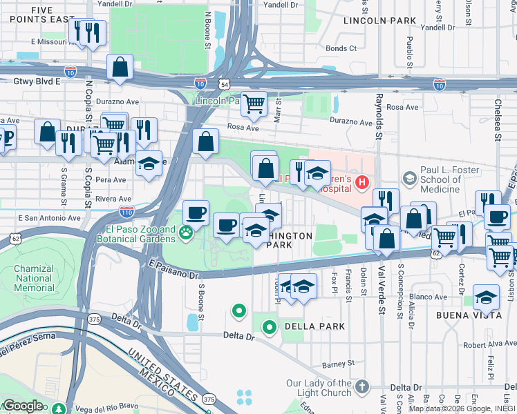 map of restaurants, bars, coffee shops, grocery stores, and more near 104 Linden Street in El Paso