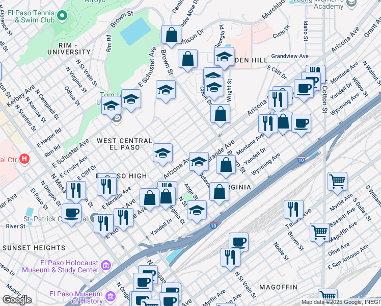 map of restaurants, bars, coffee shops, grocery stores, and more near 1110 East Nevada Avenue in El Paso