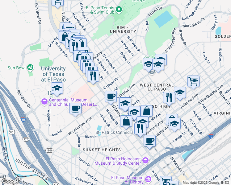 map of restaurants, bars, coffee shops, grocery stores, and more near 405 Rim Road in El Paso