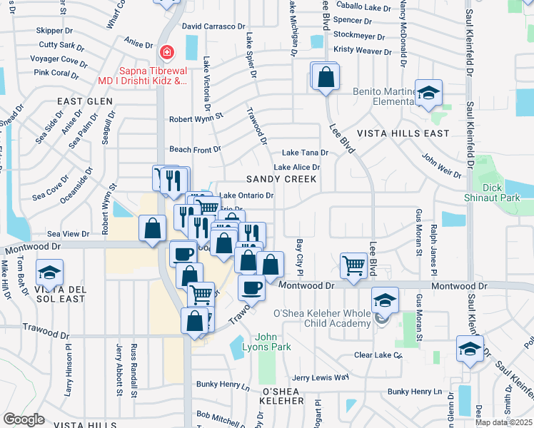 map of restaurants, bars, coffee shops, grocery stores, and more near 11392 Lake Erie Drive in El Paso