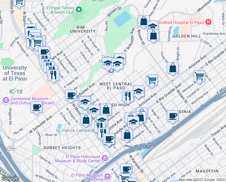 map of restaurants, bars, coffee shops, grocery stores, and more near 707 East Cliff Drive in El Paso
