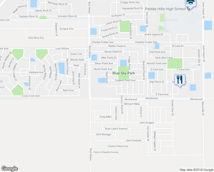 map of restaurants, bars, coffee shops, grocery stores, and more near Fabled Point Avenue in El Paso