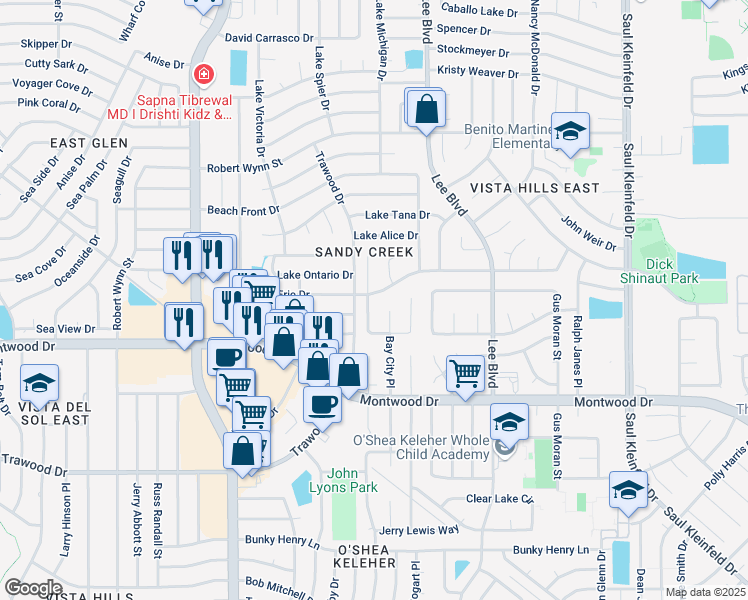 map of restaurants, bars, coffee shops, grocery stores, and more near 11420 Lake Erie Drive in El Paso