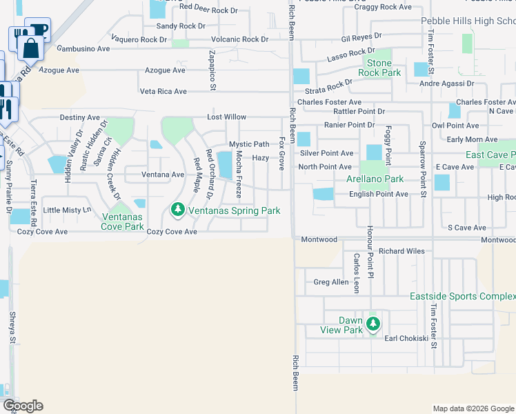 map of restaurants, bars, coffee shops, grocery stores, and more near 3104 Java Chip Place in El Paso