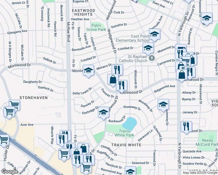 map of restaurants, bars, coffee shops, grocery stores, and more near 10035 Montwood Drive in El Paso