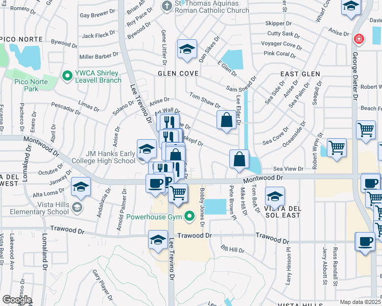 map of restaurants, bars, coffee shops, grocery stores, and more near 11012 Tom Weiskopf Drive in El Paso