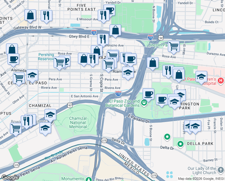 map of restaurants, bars, coffee shops, grocery stores, and more near 3715 Rivera Avenue in El Paso