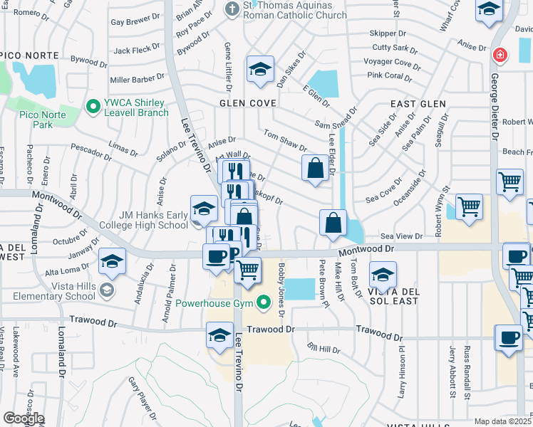 map of restaurants, bars, coffee shops, grocery stores, and more near 11012 Tom Weiskopf Drive in El Paso