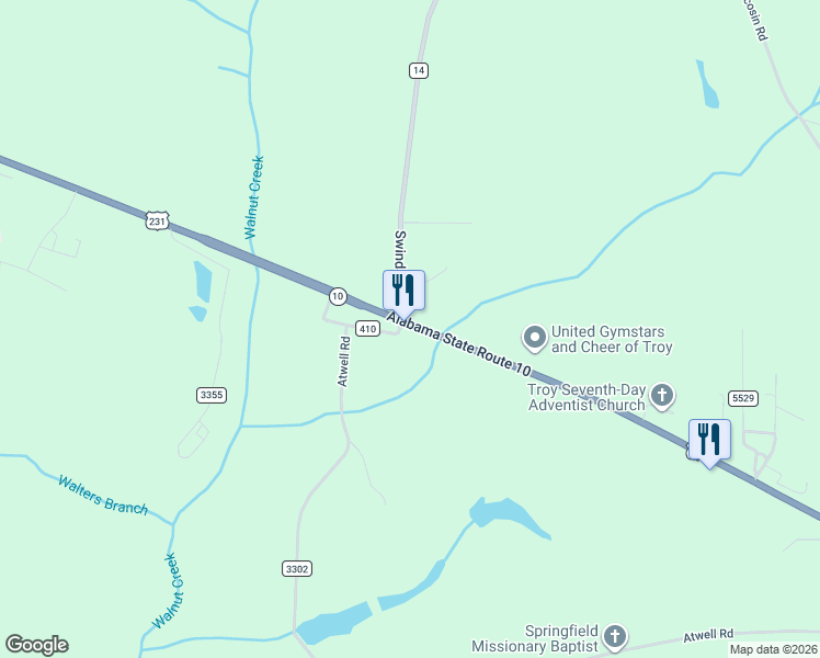 map of restaurants, bars, coffee shops, grocery stores, and more near 3050 Alabama 10 in Troy