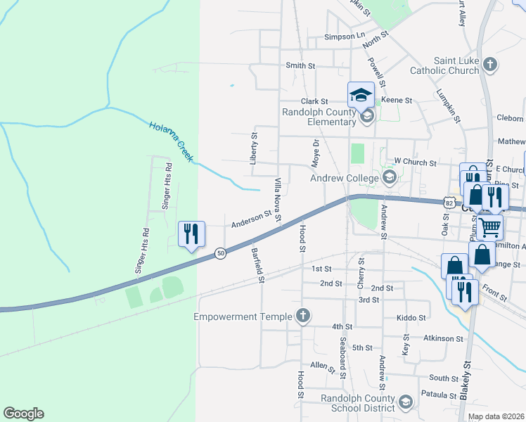 map of restaurants, bars, coffee shops, grocery stores, and more near 18 Anderson Street in Cuthbert