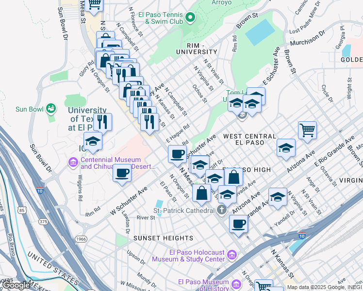 map of restaurants, bars, coffee shops, grocery stores, and more near 1800 North Stanton Street in El Paso