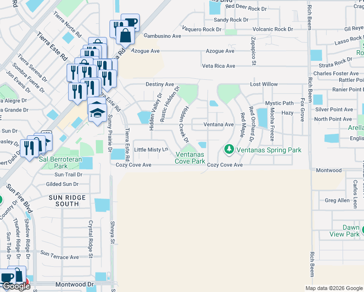 map of restaurants, bars, coffee shops, grocery stores, and more near 12940 Hidden Grove Drive in El Paso
