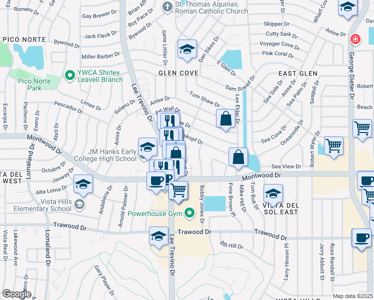 map of restaurants, bars, coffee shops, grocery stores, and more near 11012 Tom Weiskopf Drive in El Paso